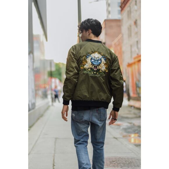 Bibisama Zodiac Monkey Olive Green Bomber Jacket XS-S Embroidered Streetwear - Picture 2 of 16